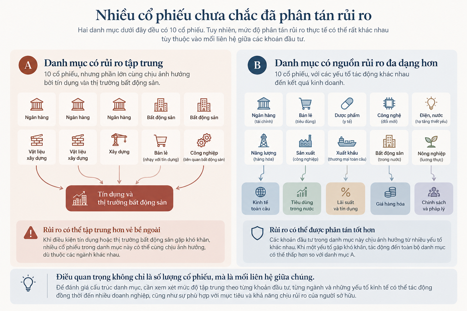 Hai danh mục cùng sở hữu 10 cổ phiếu nhưng có mức độ tập trung rủi ro khác nhau.