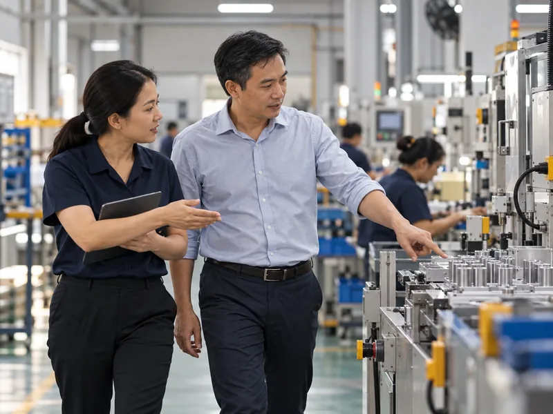 Một chủ doanh nghiệp và quản lý vận hành trao đổi tại xưởng sản xuất.