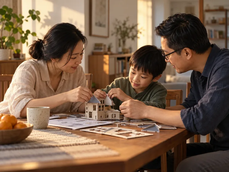 Một gia đình Việt Nam cùng lắp mô hình trên bàn ăn.