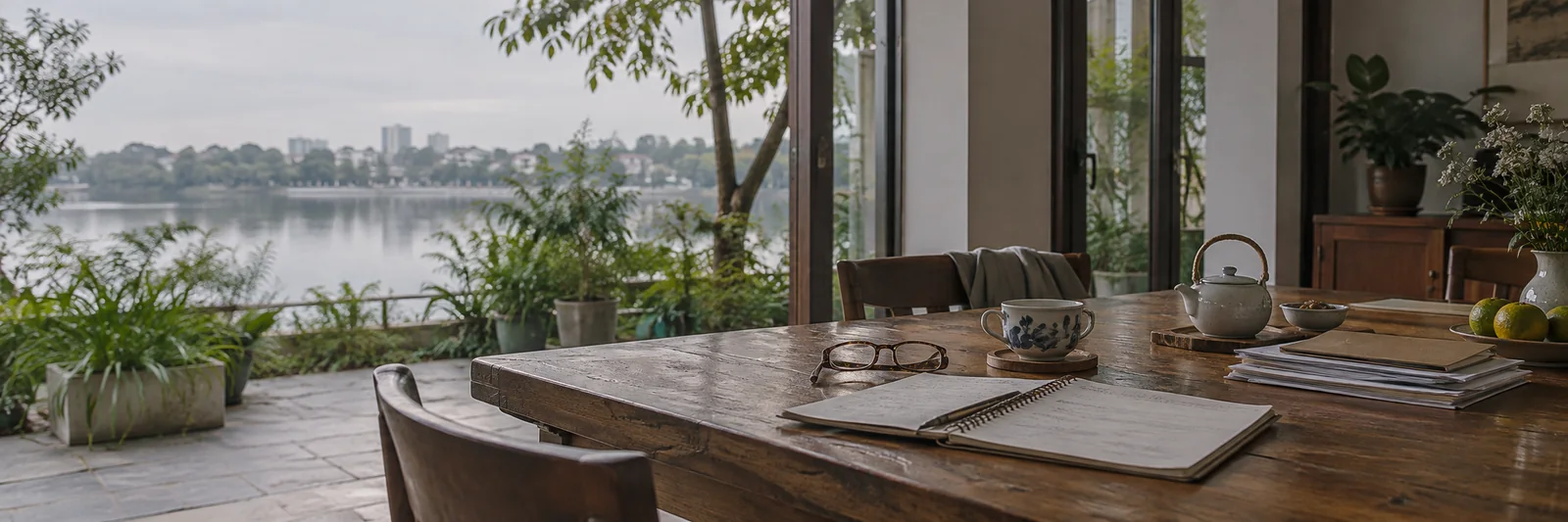 Một đôi vợ chồng Việt Nam cùng trao đổi kế hoạch gia đình bên bàn ăn trong ánh sáng sớm.