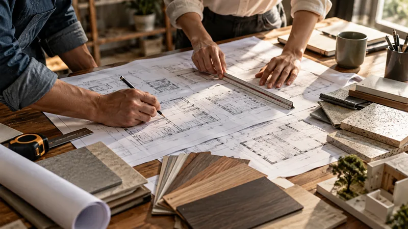 Hai người đo đạc bản vẽ và xem vật liệu cho một dự án mở rộng.