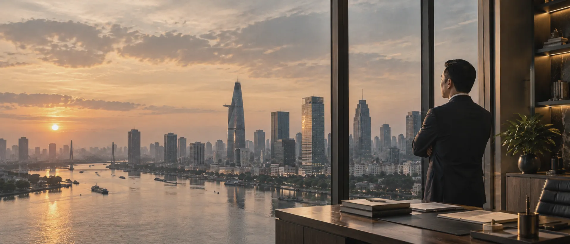 Doanh nhân Việt Nam nhìn thành phố từ văn phòng lúc hoàng hôn