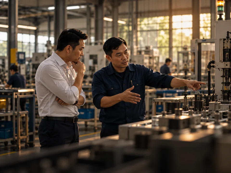 Chủ doanh nghiệp trao đổi với quản lý sản xuất trong nhà máy