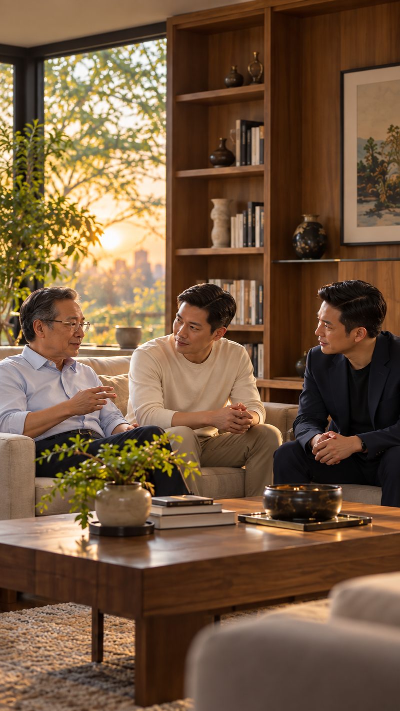 Ba người đàn ông ngồi trò chuyện trên ghế sofa trong căn phòng có kệ sách gỗ, ánh hoàng hôn chiếu qua cửa sổ