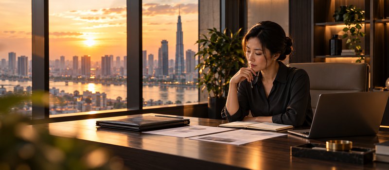 Một người phụ nữ đang xem tài liệu và ghi chú trong văn phòng yên tĩnh