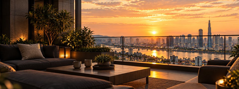 Sân hiên yên tĩnh nhìn ra thành phố và dòng sông lúc hoàng hôn