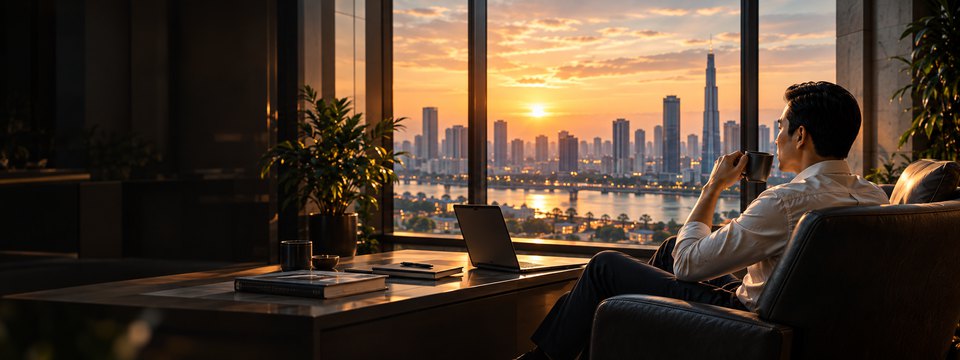 Một người đàn ông ngồi bên cửa sổ nhìn ra thành phố lúc hoàng hôn