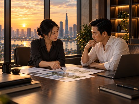 Một người đàn ông và một người phụ nữ cùng xem tài liệu trên bàn