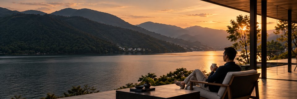 Một người đàn ông ngồi trên sân hiên nhìn ra hồ và núi lúc hoàng hôn