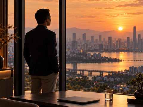 Một người đàn ông nhìn thành phố từ cửa sổ lúc hoàng hôn