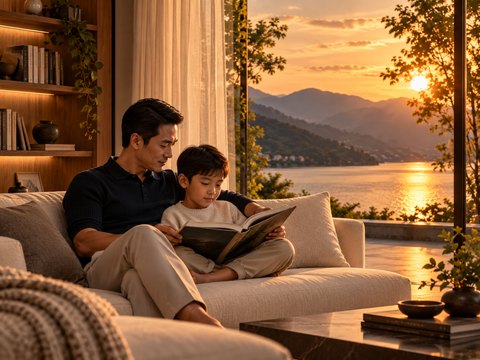 Một người cha và con trai cùng đọc sách trong căn phòng nhìn ra hồ