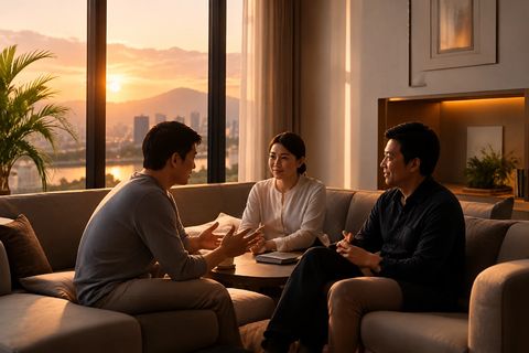Ba người ngồi trò chuyện trên ghế sofa trong căn phòng nhìn ra thành phố lúc hoàng hôn
