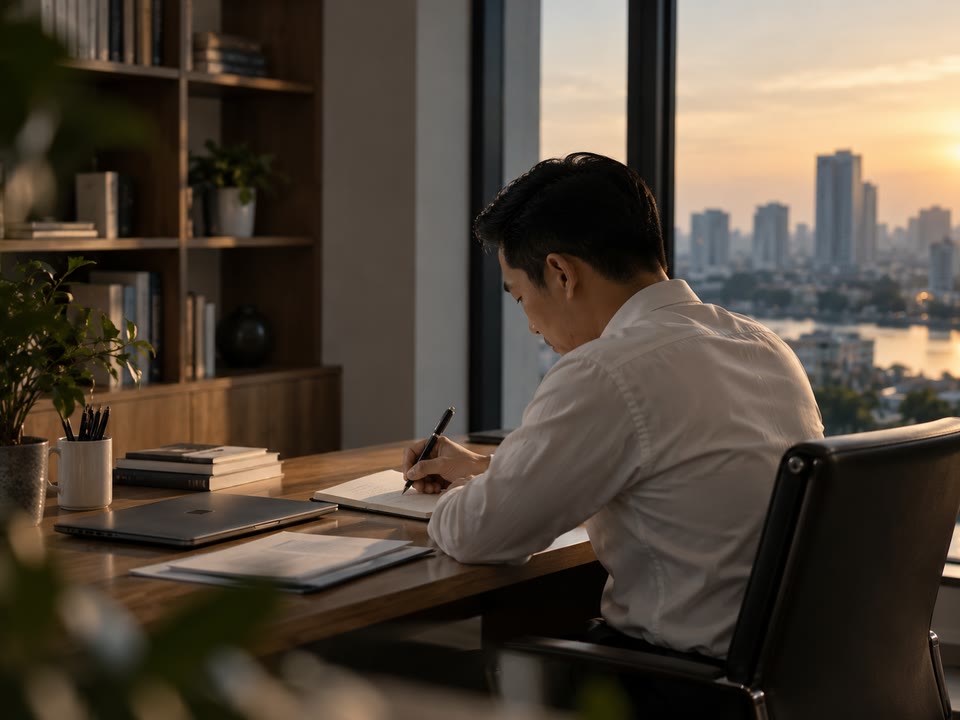 A Vietnamese professional writing notes at a desk
