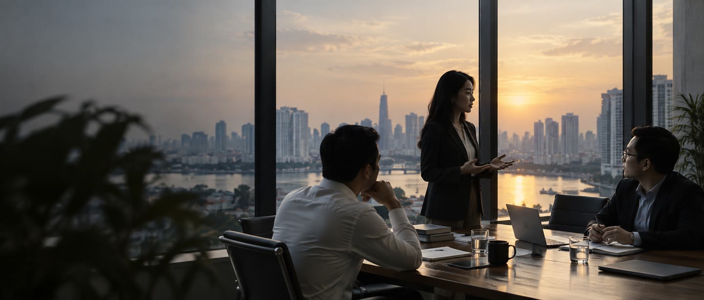 Three Vietnamese professionals in conversation beside a meeting table