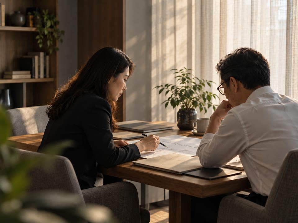 Two Vietnamese professionals considering documents together
