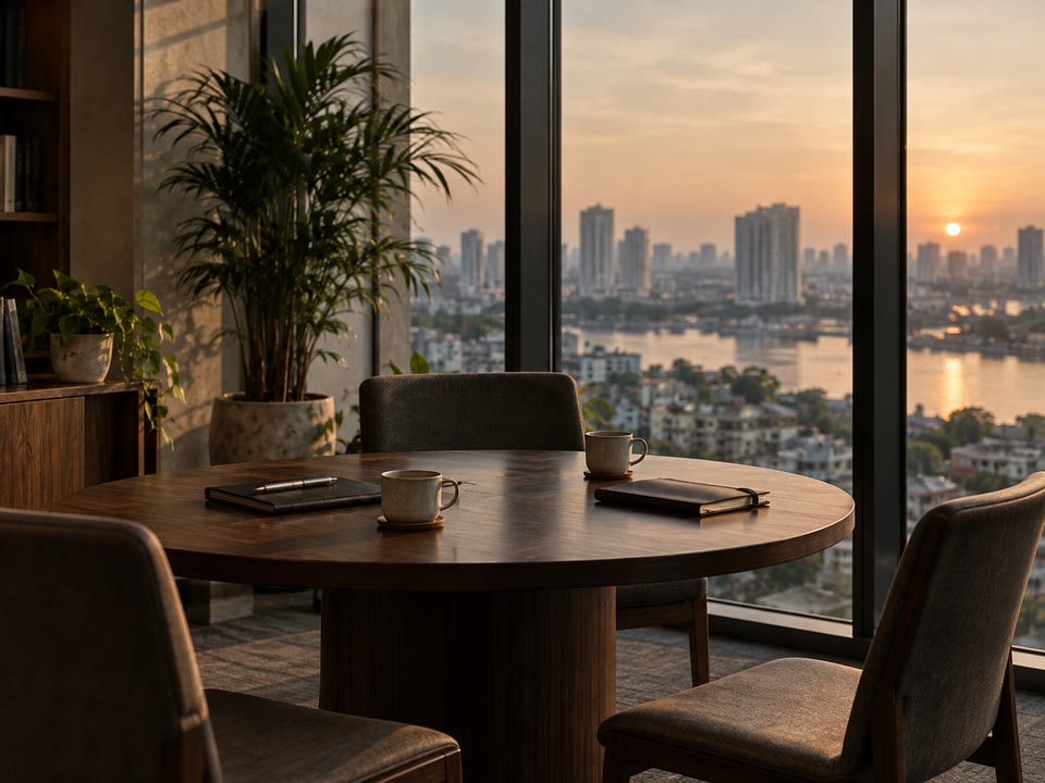 A quiet meeting table prepared for a conversation
